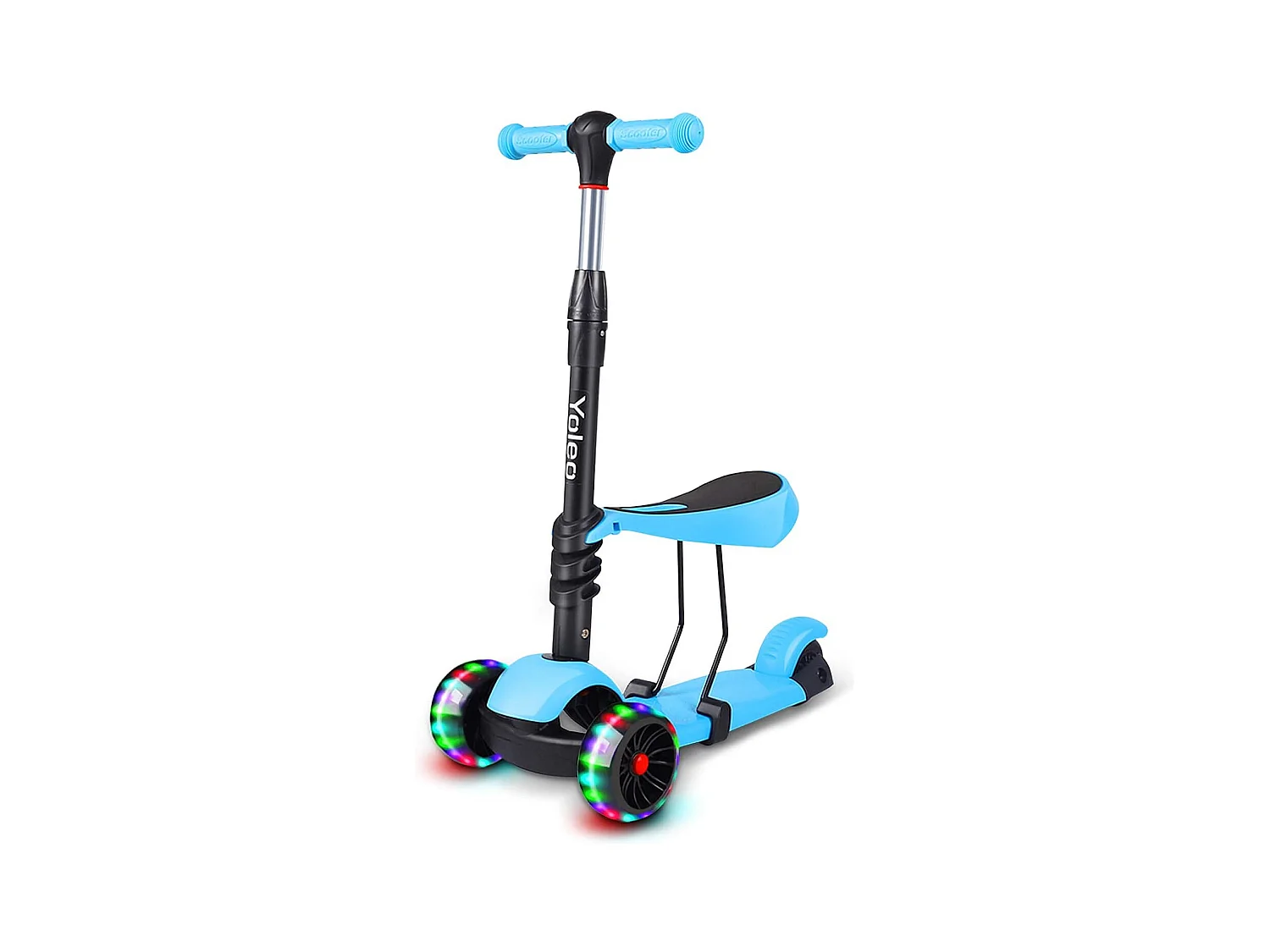 Trottinette 3-en-1 pour Enfant avec Siège Amovible, Grandes Roues LED, Réglable en Hauteur à partir de 2 Ans, bleue