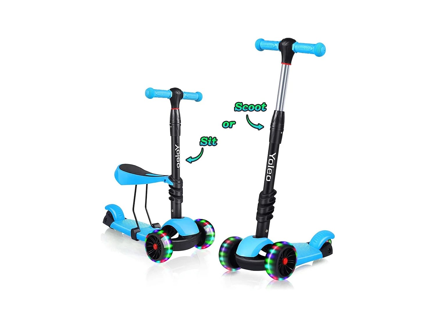 Trottinette 3-en-1 pour Enfant avec Siège Amovible, Grandes Roues LED, Réglable en Hauteur à partir de 2 Ans, bleue