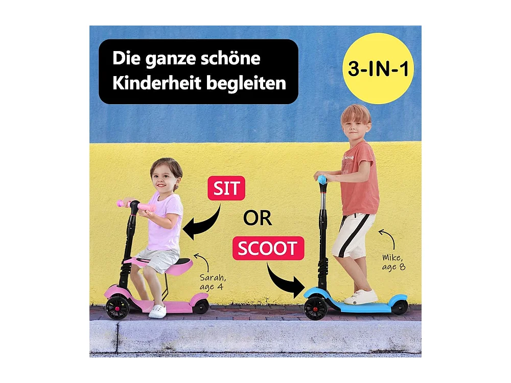 Trottinette 3-en-1 pour Enfant avec Siège Amovible, Grandes Roues LED, Réglable en Hauteur à partir de 2 Ans, bleue