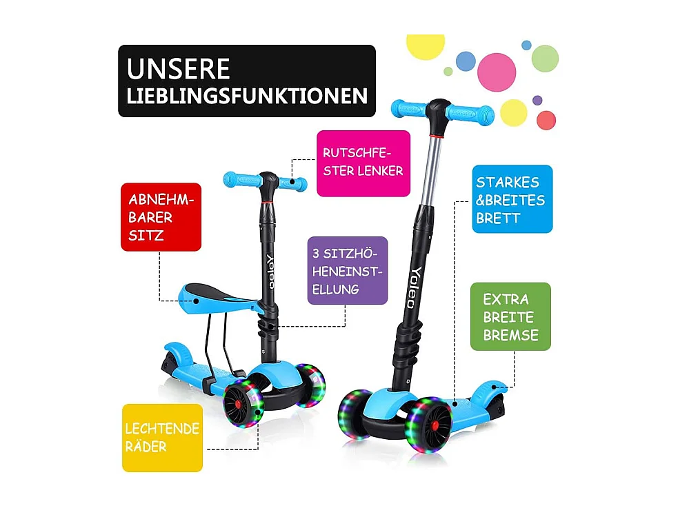 Trottinette 3-en-1 pour Enfant avec Siège Amovible, Grandes Roues LED, Réglable en Hauteur à partir de 2 Ans, bleue