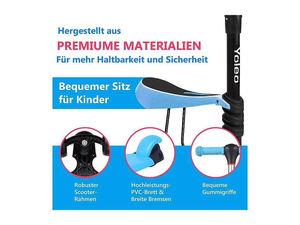 Trottinette 3-en-1 pour Enfant avec Siège Amovible, Grandes Roues LED, Réglable en Hauteur à partir de 2 Ans, bleue