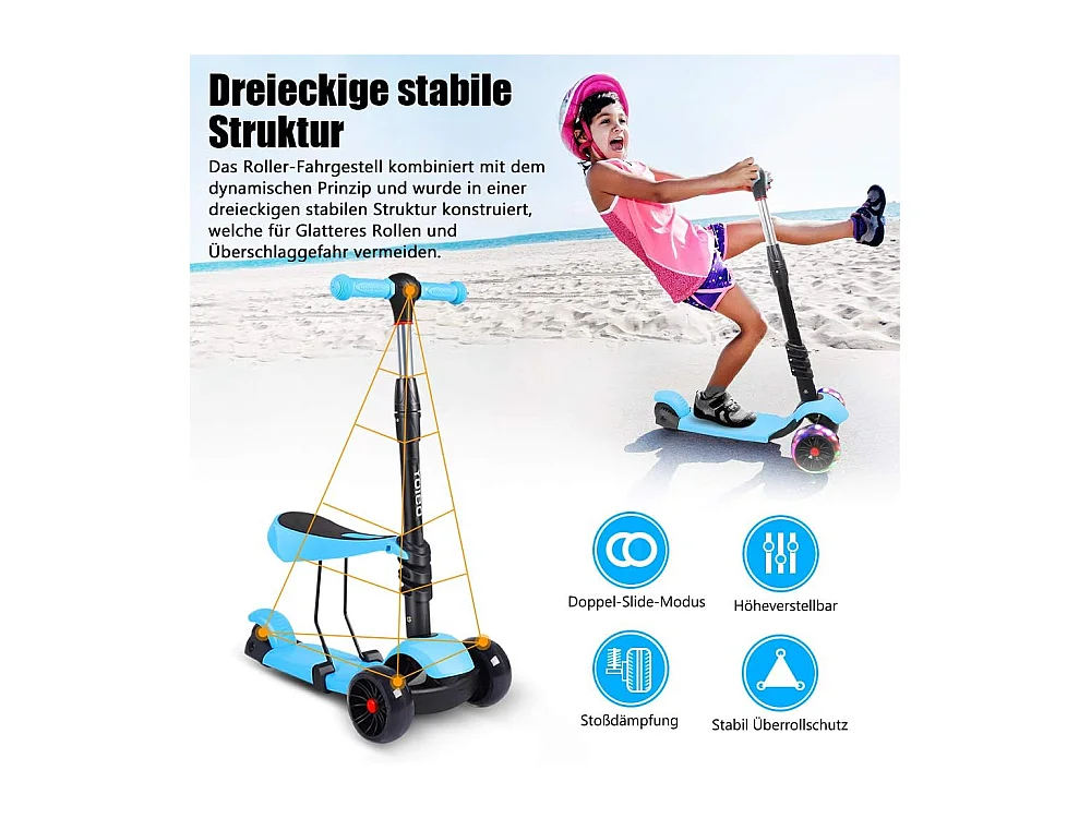 Trottinette 3-en-1 pour Enfant avec Siège Amovible, Grandes Roues LED, Réglable en Hauteur à partir de 2 Ans, bleue