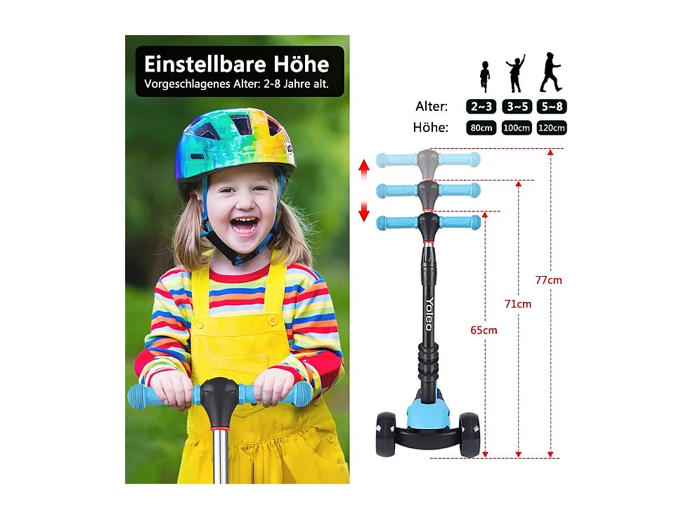 Trottinette 3-en-1 pour Enfant avec Siège Amovible, Grandes Roues LED, Réglable en Hauteur à partir de 2 Ans, bleue