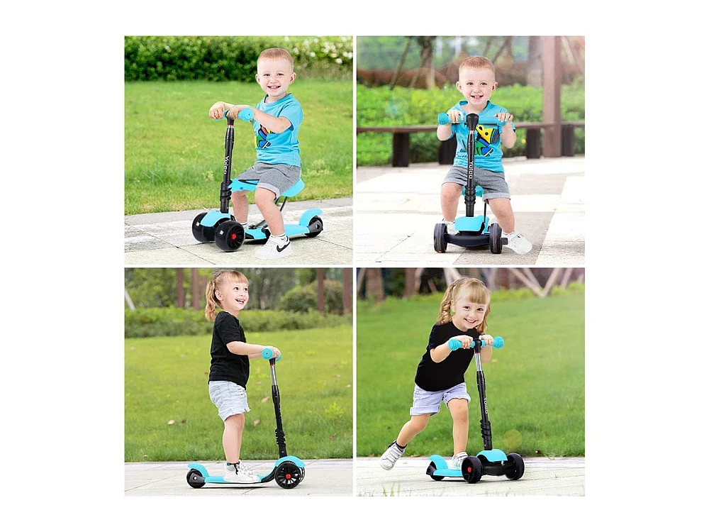 Trottinette 3-en-1 pour Enfant avec Siège Amovible, Grandes Roues LED, Réglable en Hauteur à partir de 2 Ans, bleue