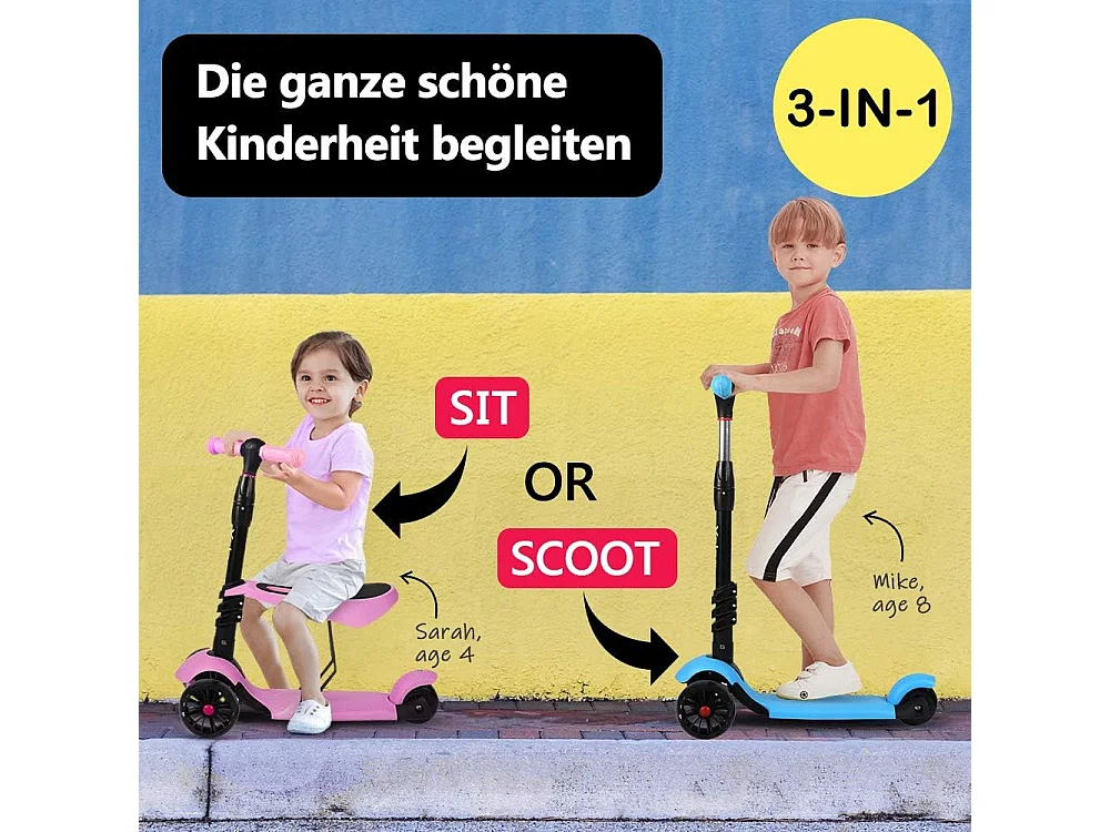 3-in-1 Kinderstep met Verwijderbare Zitstoel, LED Grote Wielen, Hoogte Verstelbaar vanaf 2 Jaar, blau