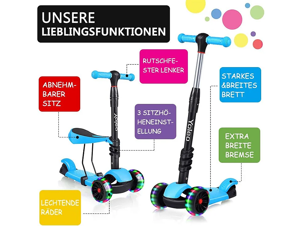 3-in-1 Kinderstep met Verwijderbare Zitstoel, LED Grote Wielen, Hoogte Verstelbaar vanaf 2 Jaar, blau