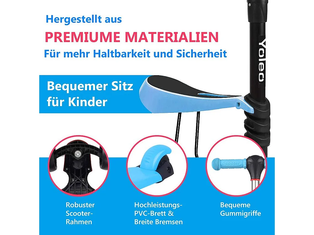 3-in-1 Kinderstep met Verwijderbare Zitstoel, LED Grote Wielen, Hoogte Verstelbaar vanaf 2 Jaar, blau