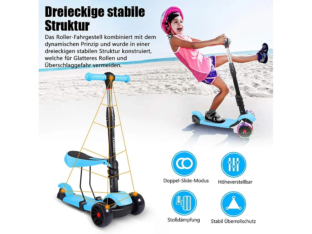 3-in-1 Kinderstep met Verwijderbare Zitstoel, LED Grote Wielen, Hoogte Verstelbaar vanaf 2 Jaar, blau