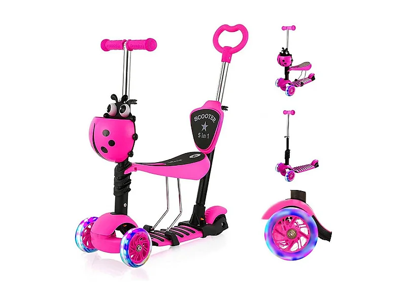 Monopattino Bambini 5-in-1 con Cestino Cartone Animato Rimovibile, Seggiolino, Barra Spingi, Ruote LED, Schienale Comodo, Altezza Regolabile dai 2 Anni, rosa