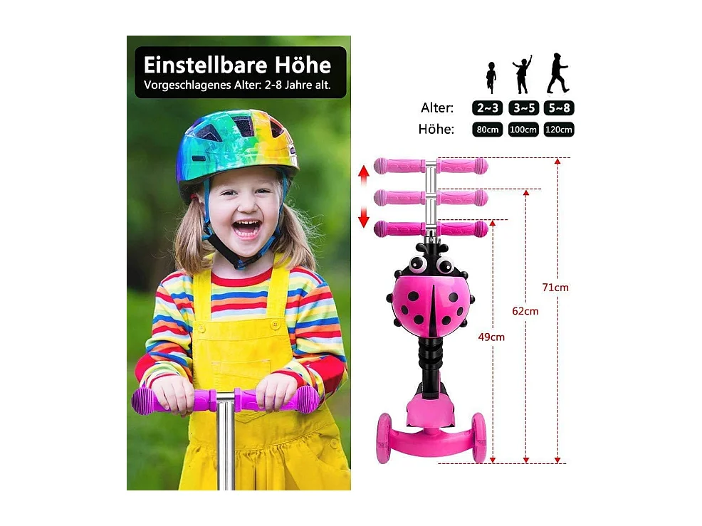 Trotinette Enfant 5-en-1 avec Panier Cartoon Amovible, Siège, Barre de Poussée, Roues LED, Dossier Confortable, Hauteur Réglable dès 2 Ans, rose