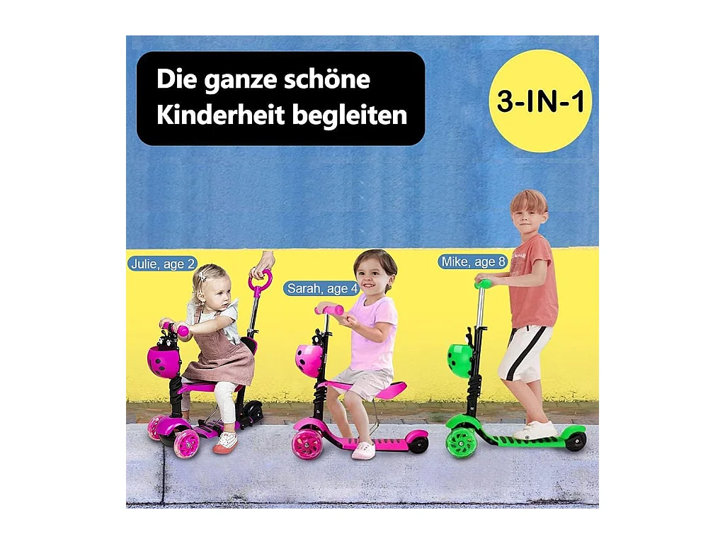 Trotinette Enfant 5-en-1 avec Panier Cartoon Amovible, Siège, Barre de Poussée, Roues LED, Dossier Confortable, Hauteur Réglable dès 2 Ans, rose