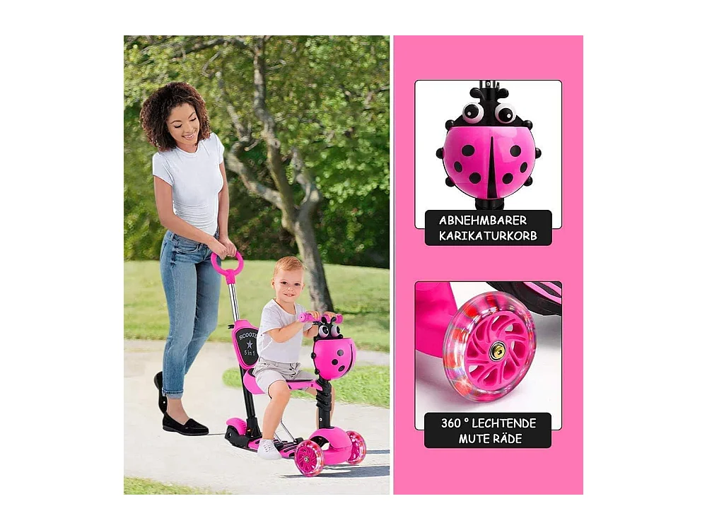 Trotinette Enfant 5-en-1 avec Panier Cartoon Amovible, Siège, Barre de Poussée, Roues LED, Dossier Confortable, Hauteur Réglable dès 2 Ans, rose