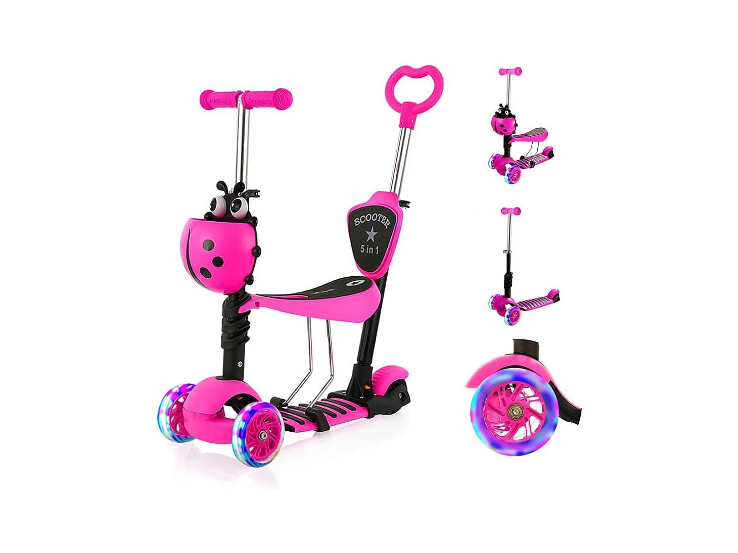 Monopattino Bambini 5-in-1 con Cestino Cartone Animato Rimovibile, Seggiolino, Barra Spingi, Ruote LED, Schienale Comodo, Altezza Regolabile dai 2 Anni, rosa