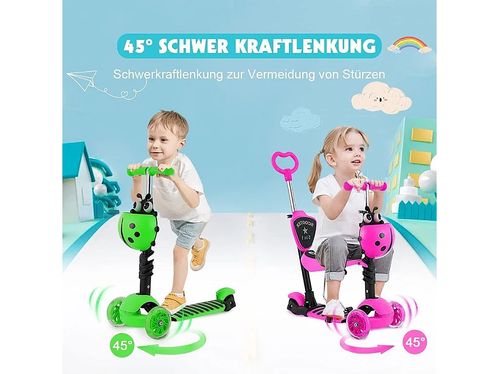 5-in-1 Kinderstep met Afneembare Cartoon Mand, Zitje, Duwstang, LED-wielen, Comfortabele Rugleuning, Hoogteverstelbaar vanaf 2 Jaar, roze