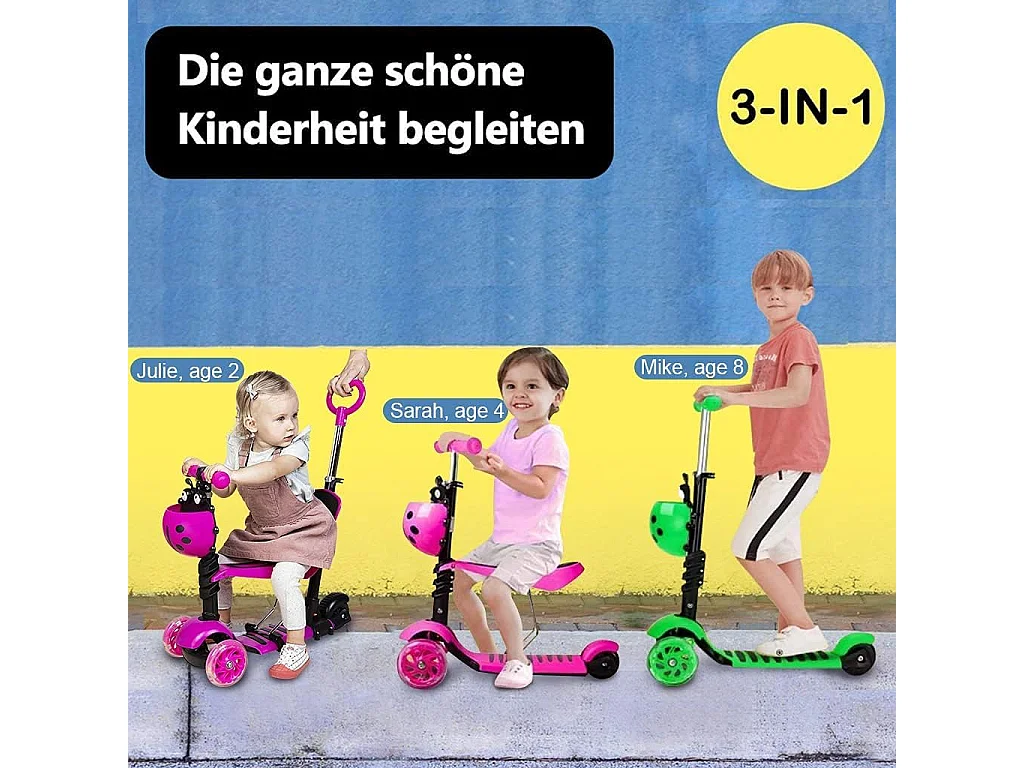 5-in-1 Kinderstep met Afneembare Cartoon Mand, Zitje, Duwstang, LED-wielen, Comfortabele Rugleuning, Hoogteverstelbaar vanaf 2 Jaar, roze