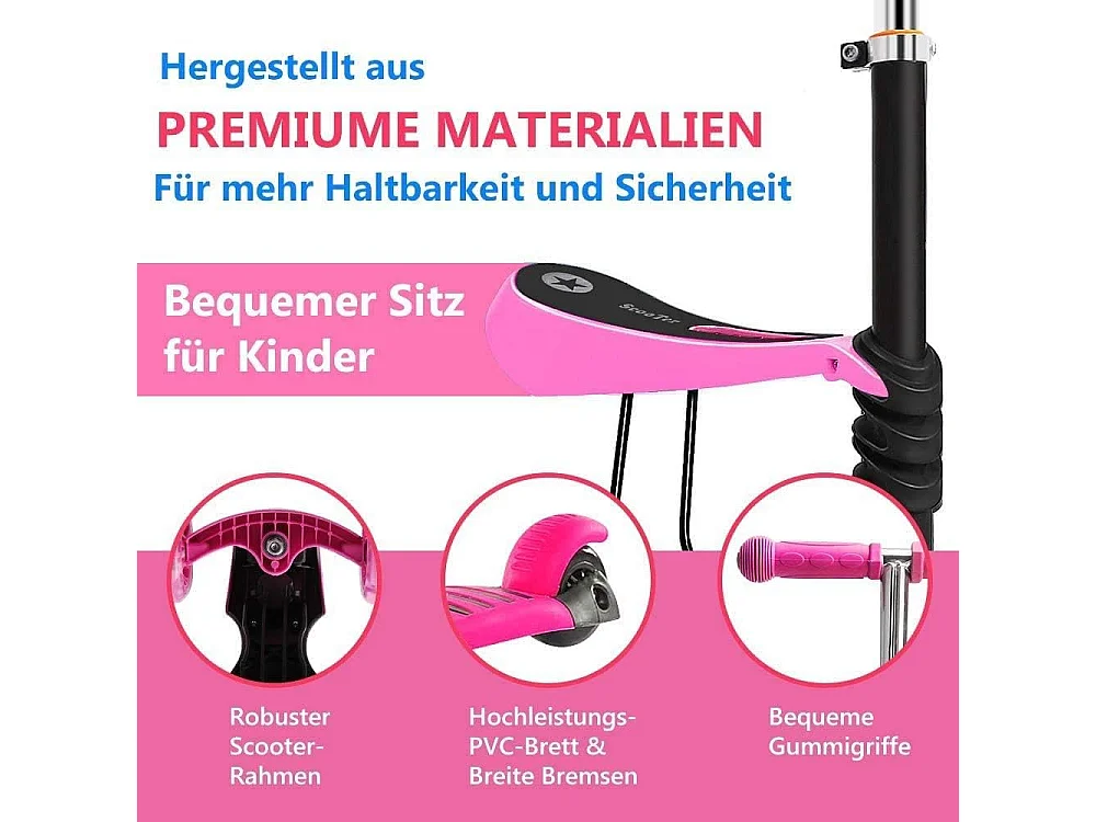 5-in-1 Kinderstep met Afneembare Cartoon Mand, Zitje, Duwstang, LED-wielen, Comfortabele Rugleuning, Hoogteverstelbaar vanaf 2 Jaar, roze