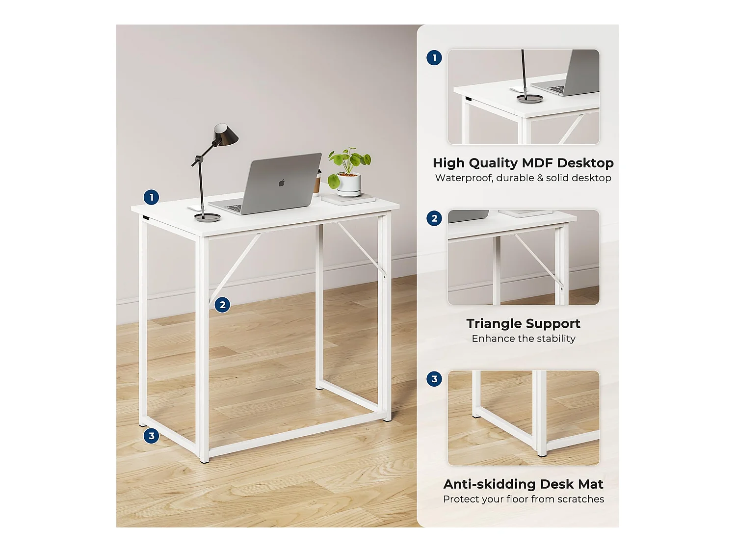 Table de Bureau Pliante Bureau Informatique Pliable Petit Table d'Ordinateur pour Bureau Domicile, Assemblage Simple, 80 x 46 x 74 cm - Blanc
