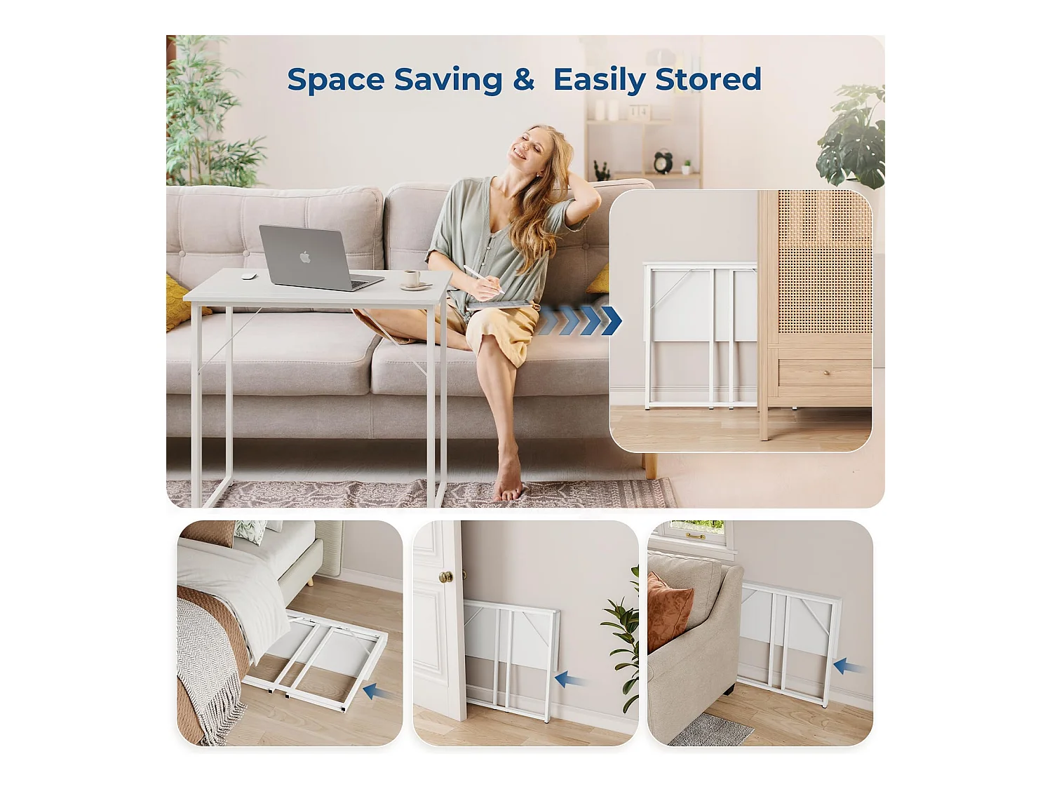 Opvouwbaar bureau, opvouwbaar computerbureau, kleine computertafel voor thuiskantoor, eenvoudige montage, 80 x 46 x 74 cm - wit