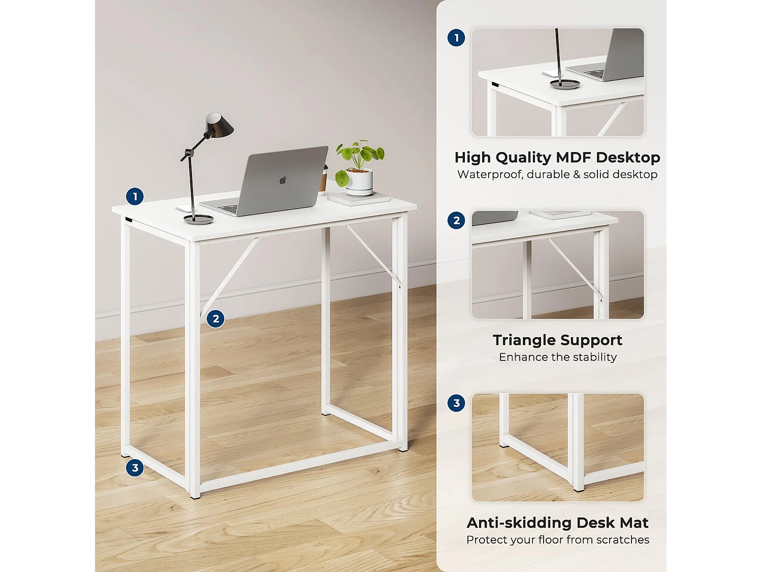 Table de Bureau Pliante Bureau Informatique Pliable Petit Table d'Ordinateur pour Bureau Domicile, Assemblage Simple, 80 x 46 x 74 cm - Blanc