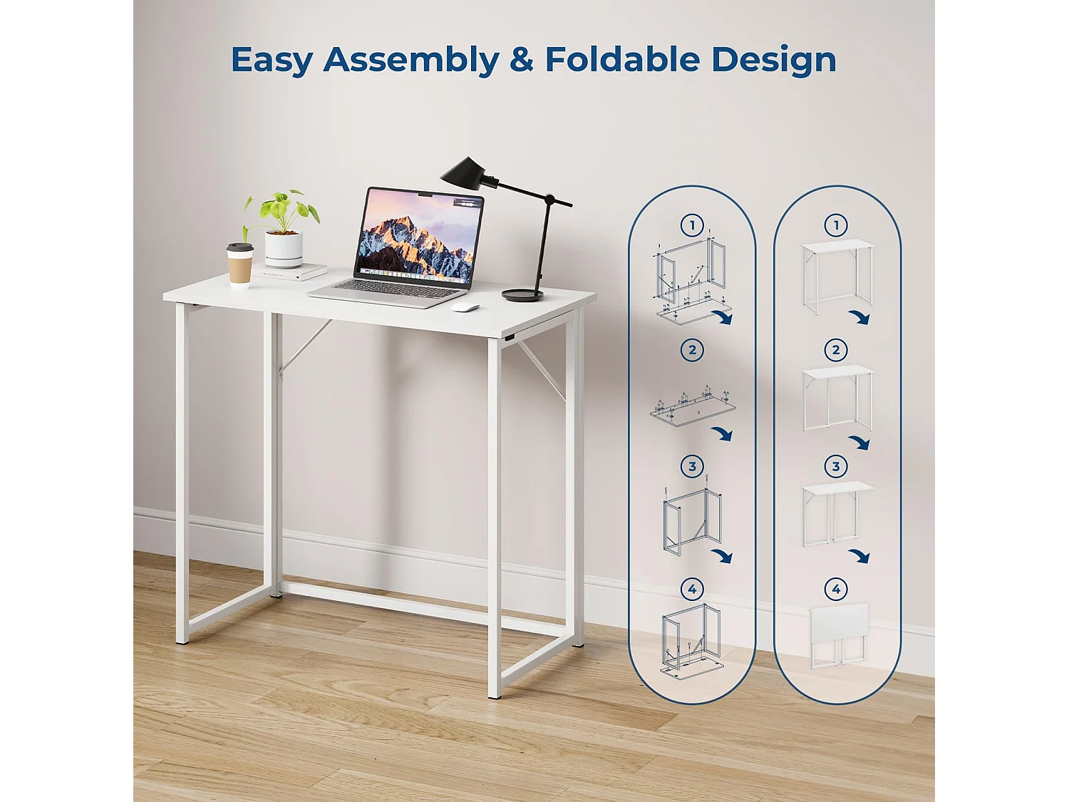 Table de Bureau Pliante Bureau Informatique Pliable Petit Table d'Ordinateur pour Bureau Domicile, Assemblage Simple, 80 x 46 x 74 cm - Blanc