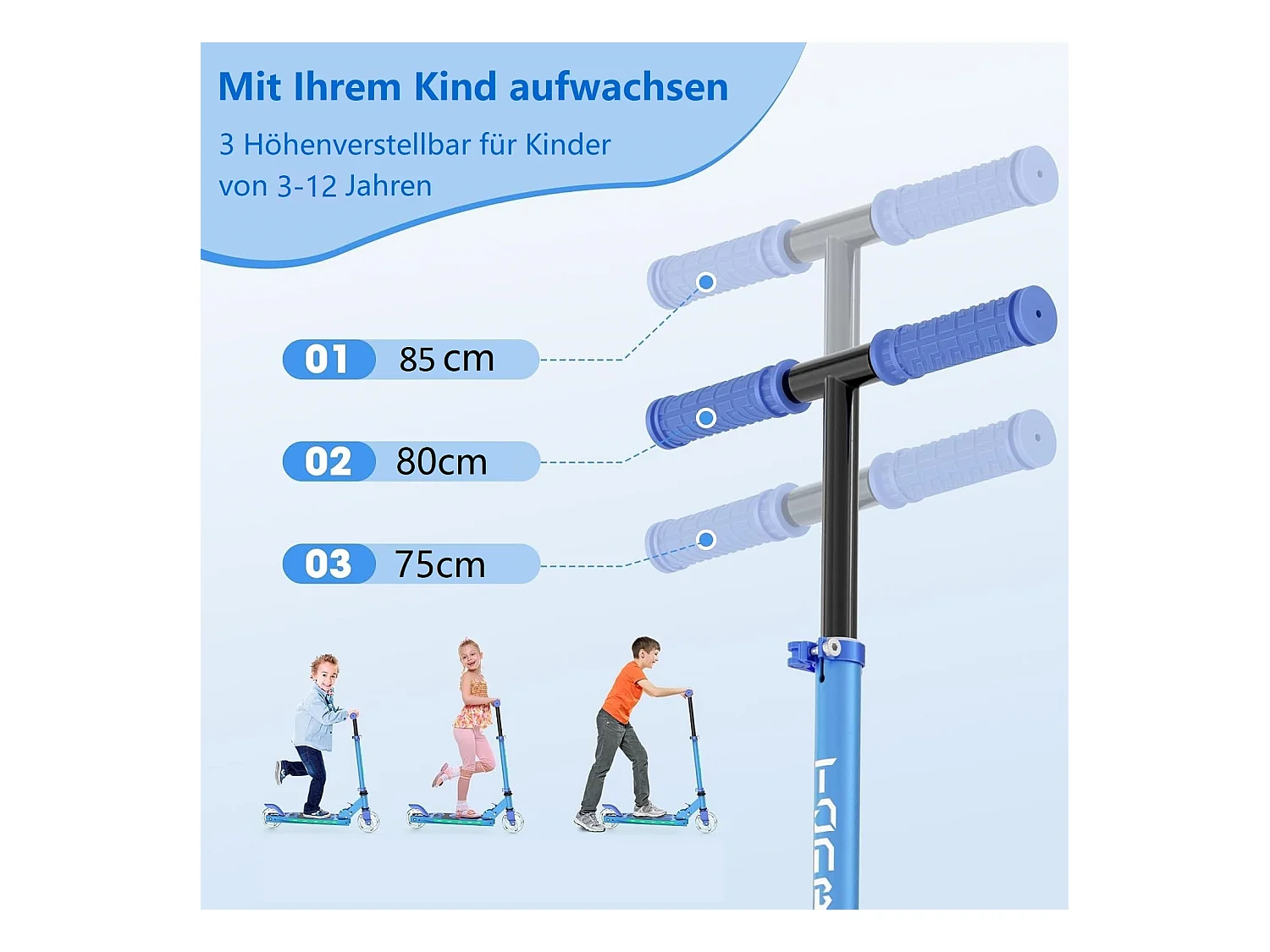 Trottinette Enfant TONBUX avec 2 Roues Lumineuses, Potence et Plateforme, 3 Poignées Réglables en Hauteur, Légère, pour 5-12 Ans