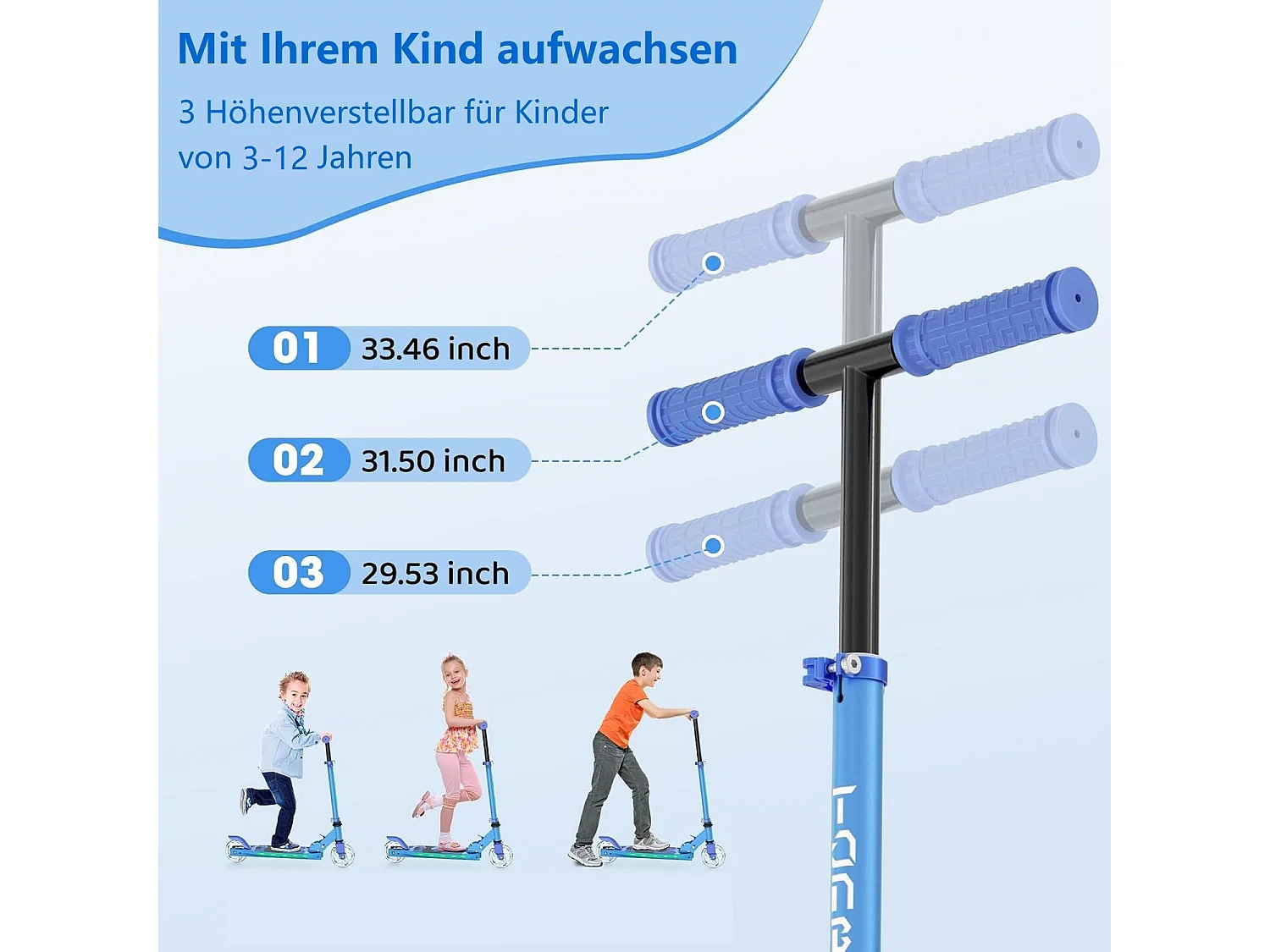 Trottinette Enfant TONBUX avec 2 Roues Lumineuses, Potence et Plateforme, 3 Poignées Réglables en Hauteur, Légère, pour 5-12 Ans