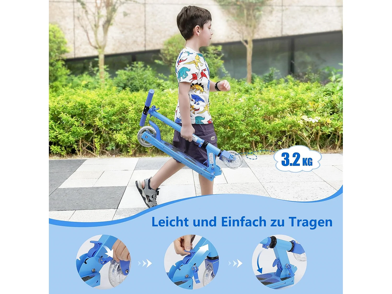 Trottinette Enfant TONBUX avec 2 Roues Lumineuses, Potence et Plateforme, 3 Poignées Réglables en Hauteur, Légère, pour 5-12 Ans