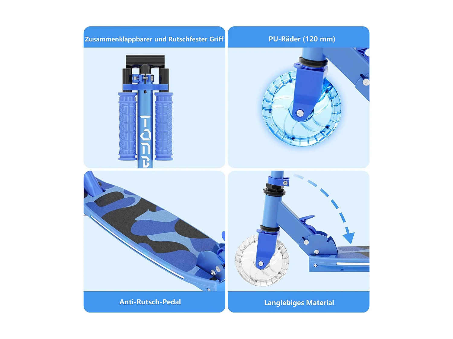 Trottinette Enfant TONBUX avec 2 Roues Lumineuses, Potence et Plateforme, 3 Poignées Réglables en Hauteur, Légère, pour 5-12 Ans
