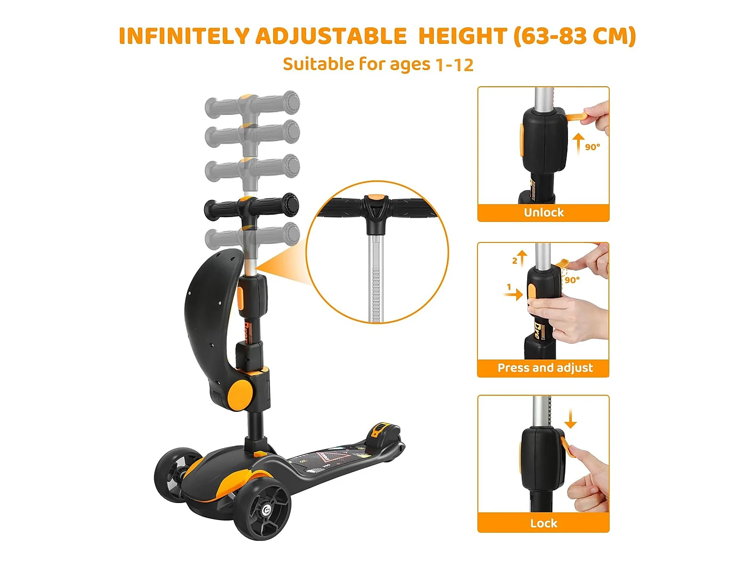 Trottinette Enfant BremToy avec Siège Amovible et Roues PU LED, Trottinette Enfant Pliable pour Enfants de 2 à 12 Ans