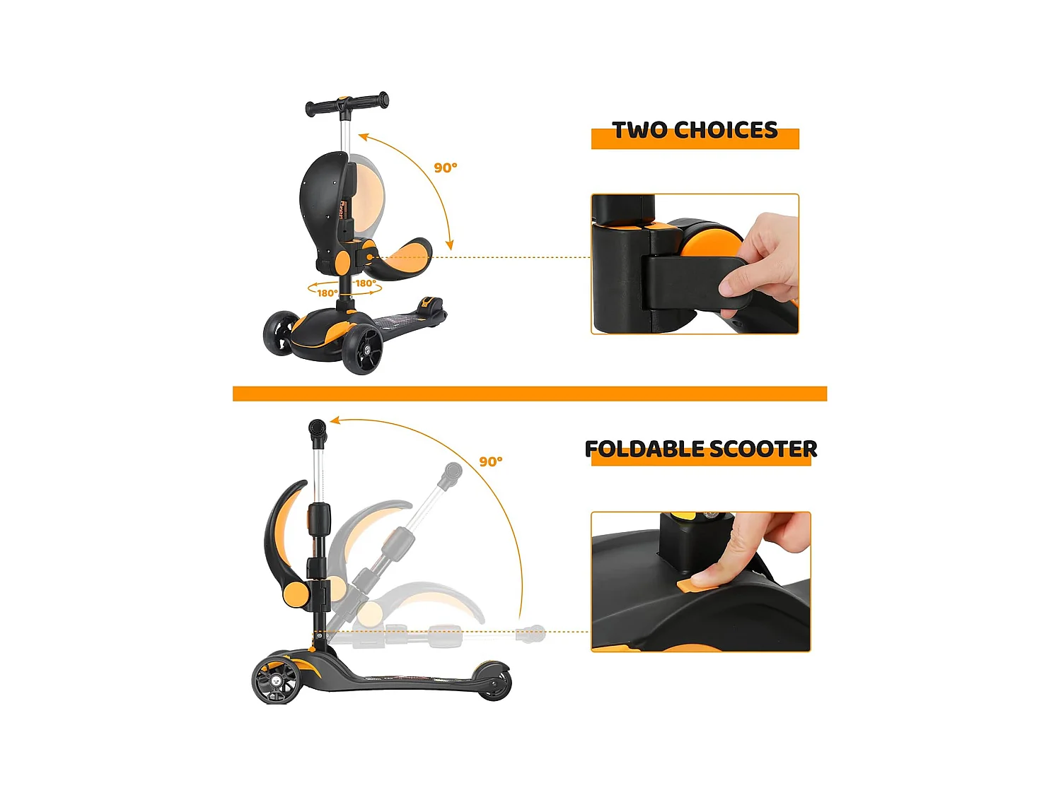 Trottinette Enfant BremToy avec Siège Amovible et Roues PU LED, Trottinette Enfant Pliable pour Enfants de 2 à 12 Ans