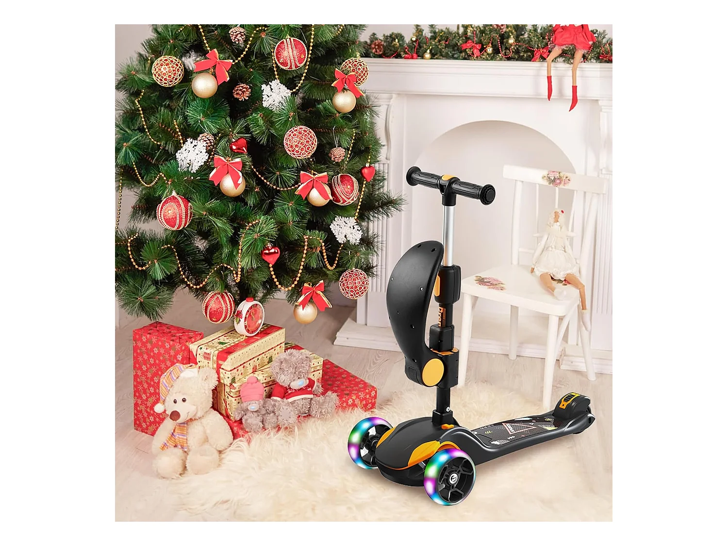 Trottinette Enfant BremToy avec Siège Amovible et Roues PU LED, Trottinette Enfant Pliable pour Enfants de 2 à 12 Ans