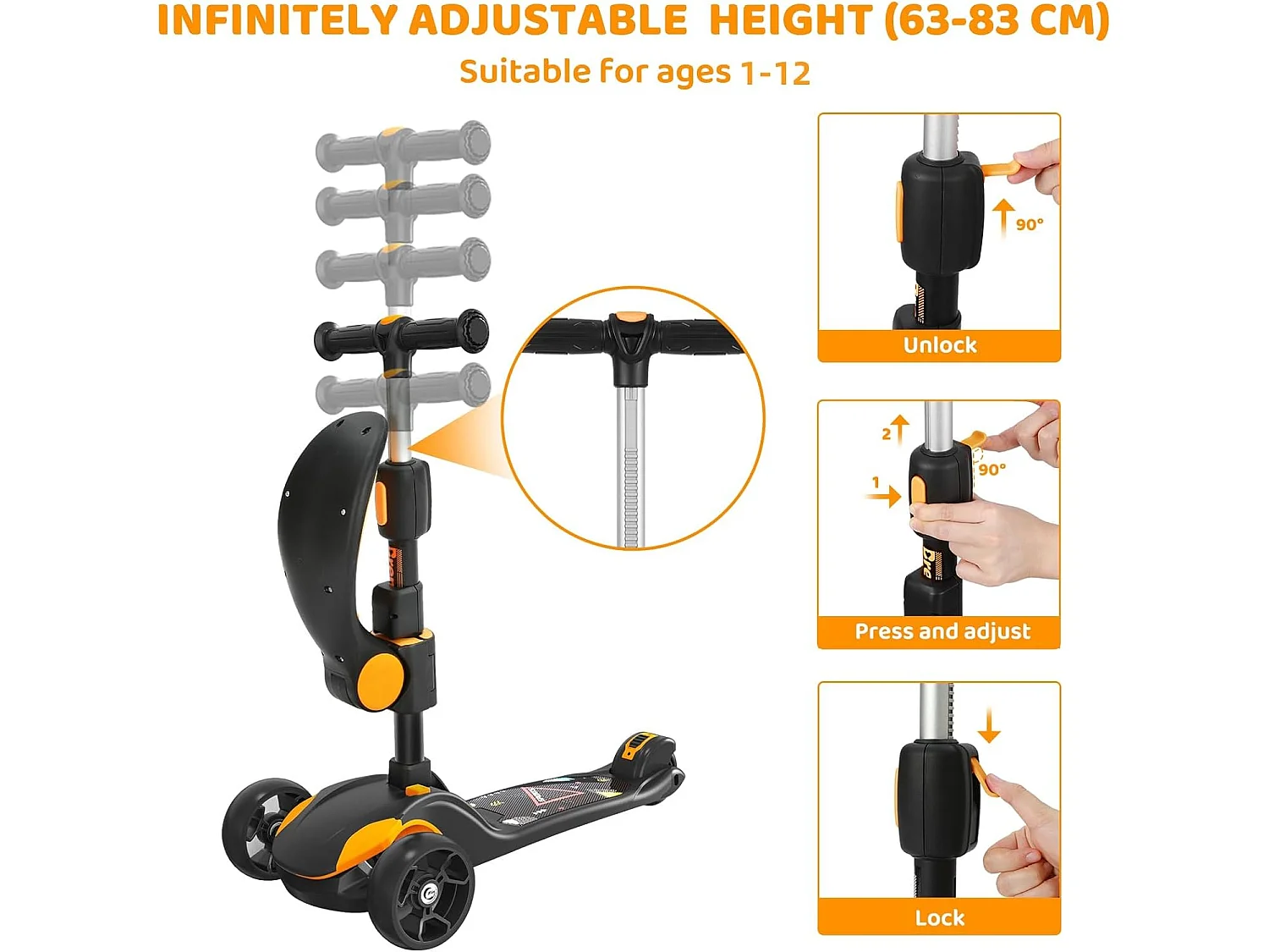 BremToy Kinderstep met Afneembare Zitstoel en PU LED-wielen, Opvouwbare Kinderstep voor Kinderen van 2 tot 12 Jaar
