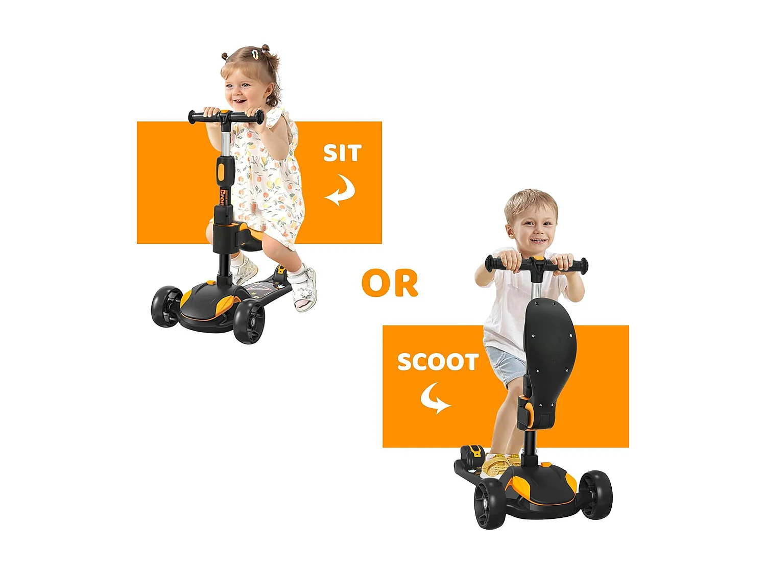 BremToy Kinderstep met Afneembare Zitstoel en PU LED-wielen, Opvouwbare Kinderstep voor Kinderen van 2 tot 12 Jaar