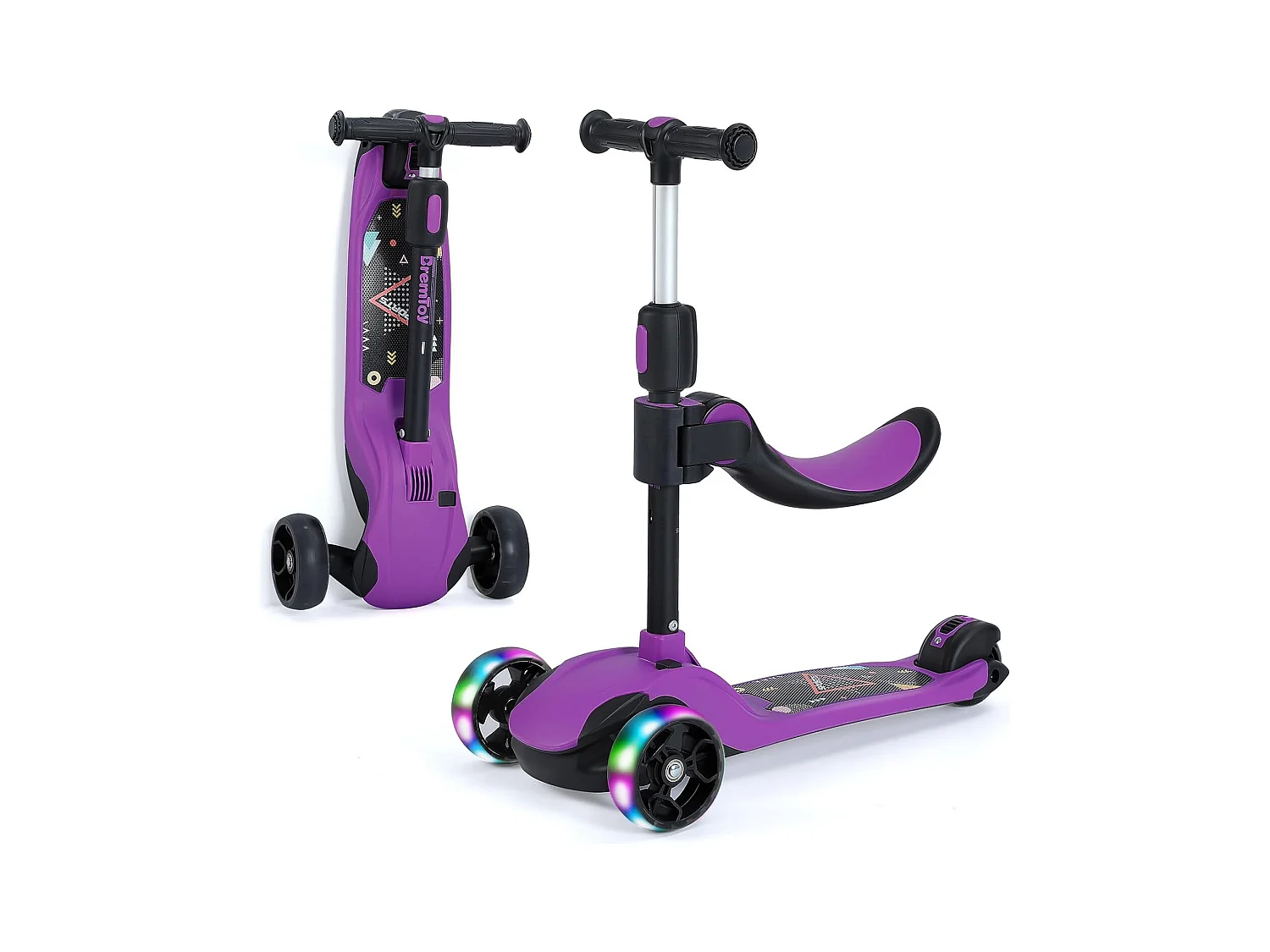 Trottinette Enfant BremToy avec Siège Amovible et Roues PU LED, Trottinette Enfant Pliable pour Enfants de 2 à 12 Ans