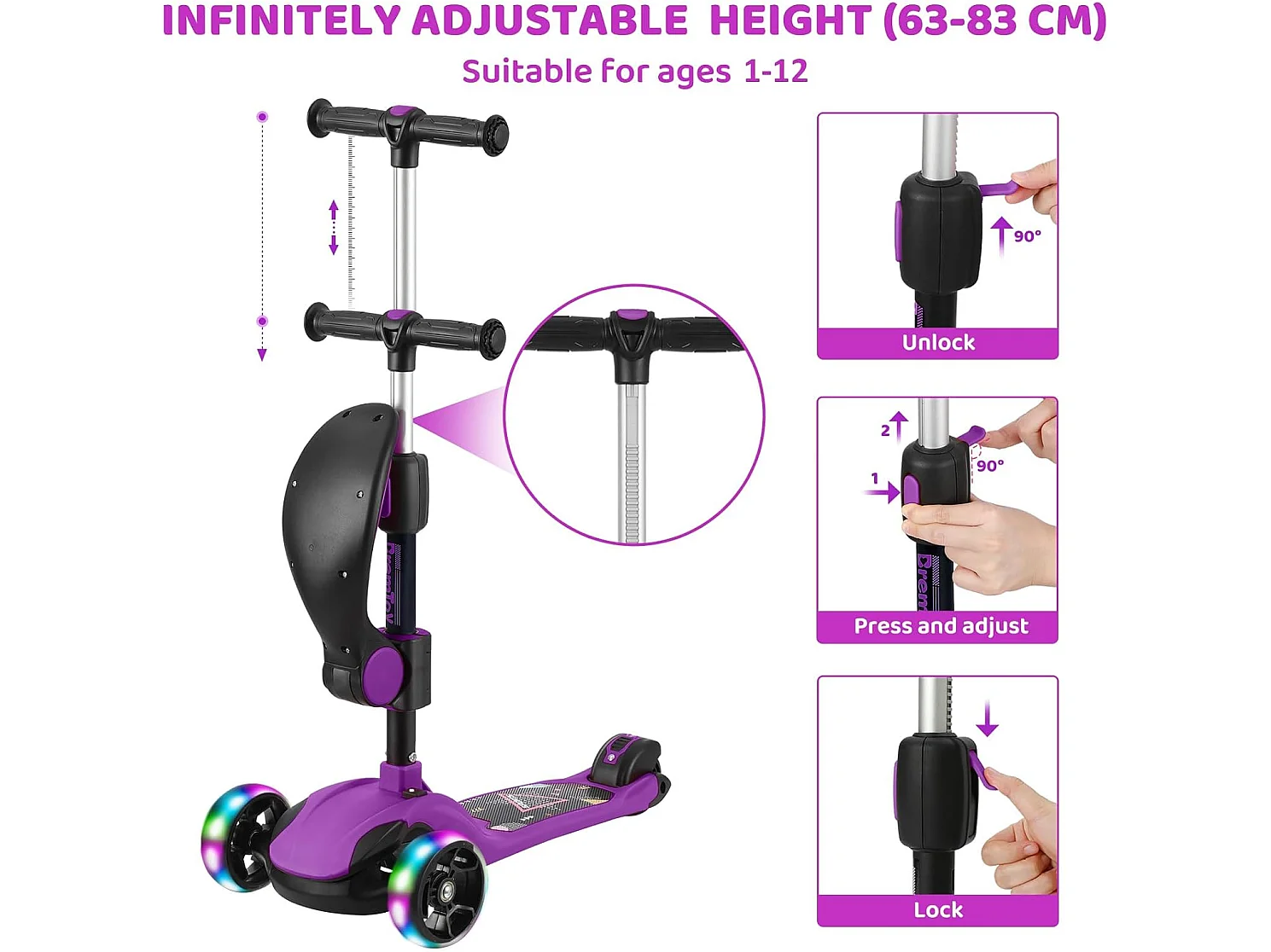 Trottinette Enfant BremToy avec Siège Amovible et Roues PU LED, Trottinette Enfant Pliable pour Enfants de 2 à 12 Ans
