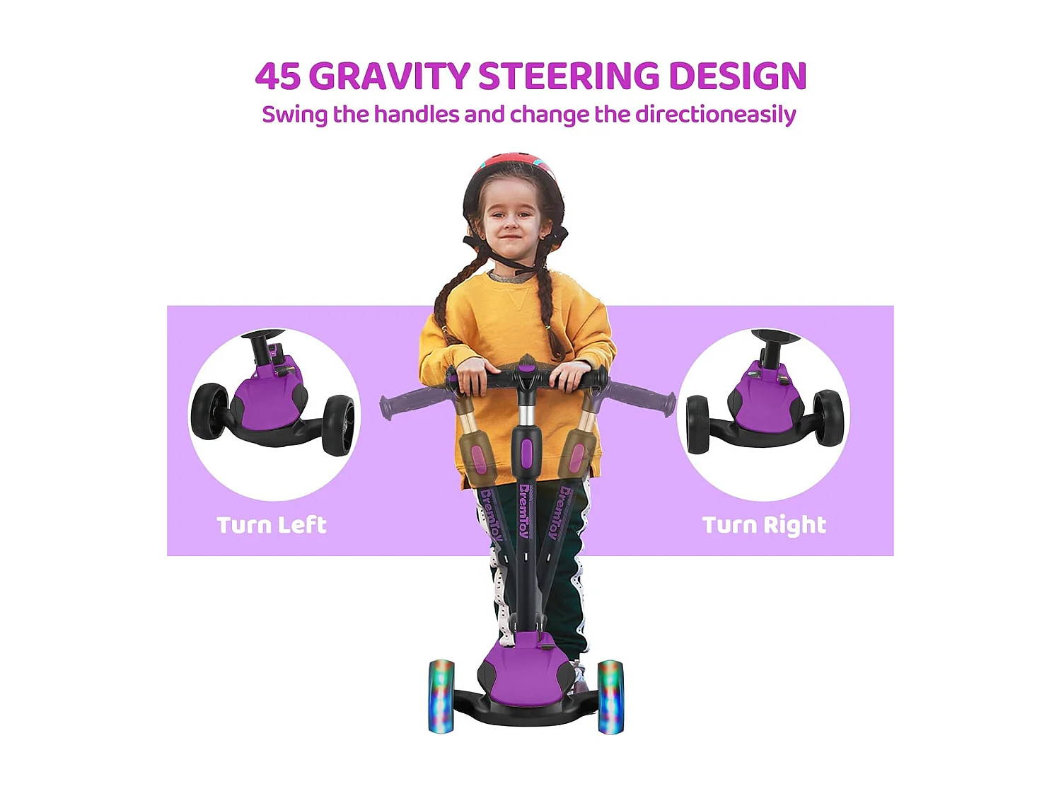 Trottinette Enfant BremToy avec Siège Amovible et Roues PU LED, Trottinette Enfant Pliable pour Enfants de 2 à 12 Ans