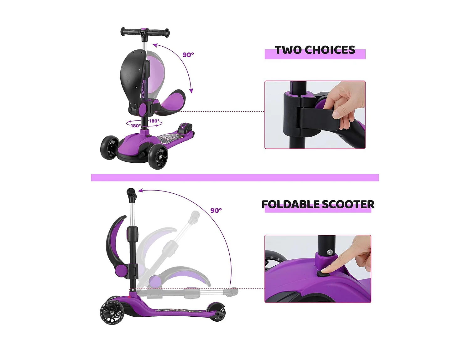 Trottinette Enfant BremToy avec Siège Amovible et Roues PU LED, Trottinette Enfant Pliable pour Enfants de 2 à 12 Ans