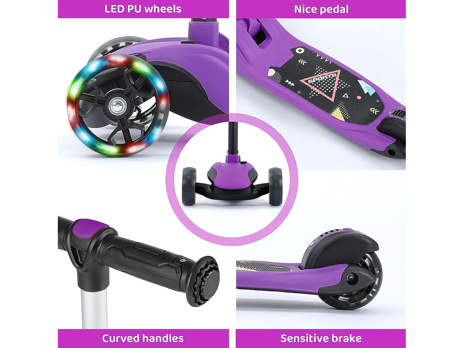 Trottinette Enfant BremToy avec Siège Amovible et Roues PU LED, Trottinette Enfant Pliable pour Enfants de 2 à 12 Ans