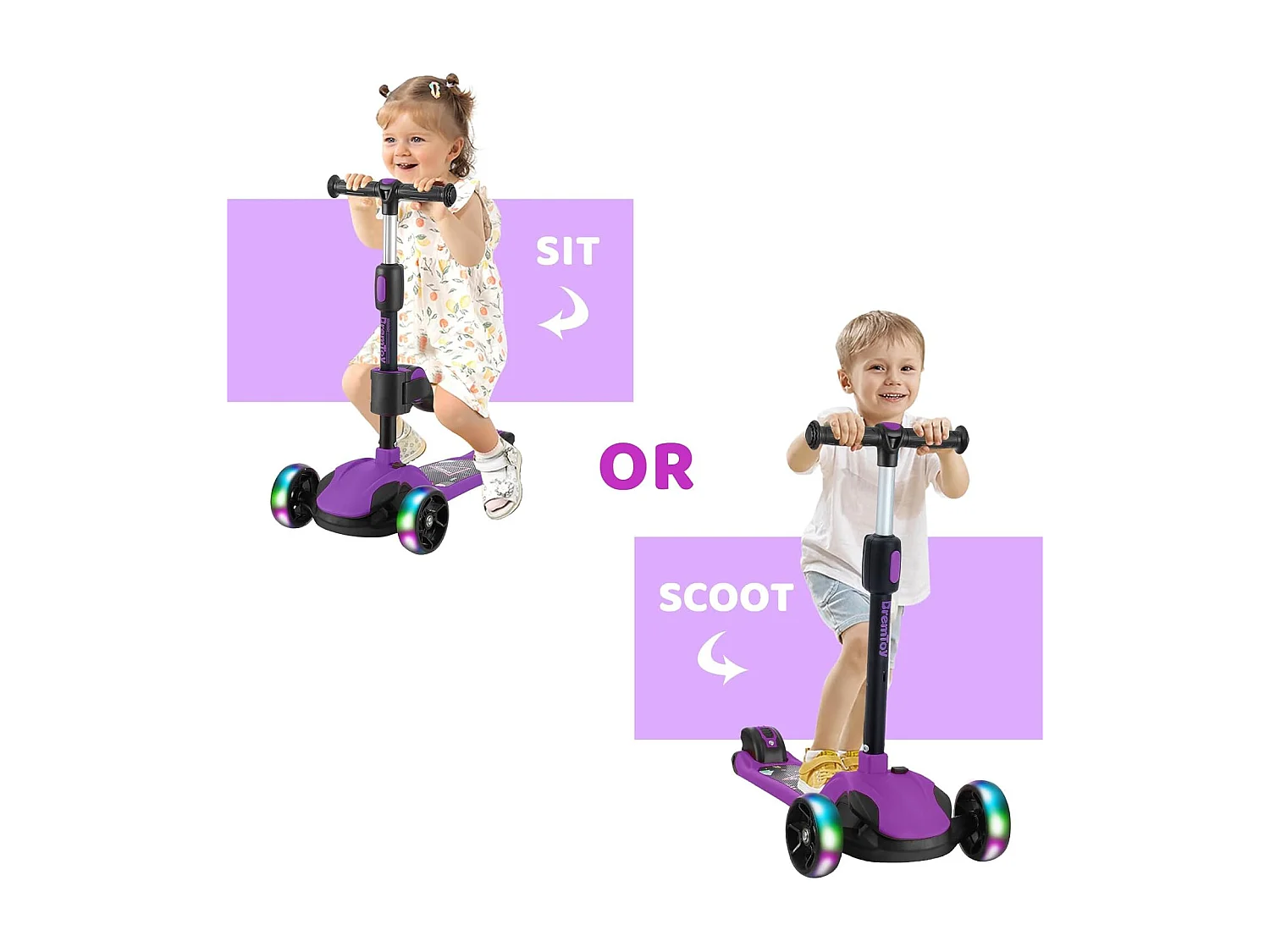 Trottinette Enfant BremToy avec Siège Amovible et Roues PU LED, Trottinette Enfant Pliable pour Enfants de 2 à 12 Ans