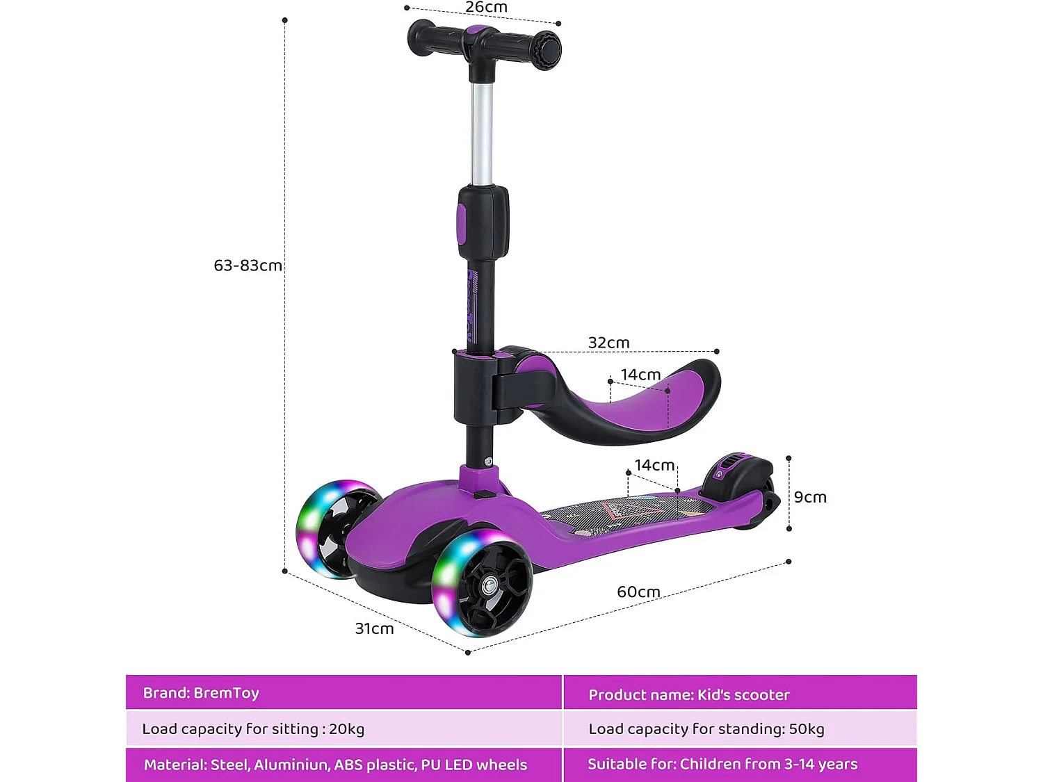BremToy Kinderstep met Afneembare Zitstoel en PU LED-wielen, Opvouwbare Kinderstep voor Kinderen van 2 tot 12 Jaar