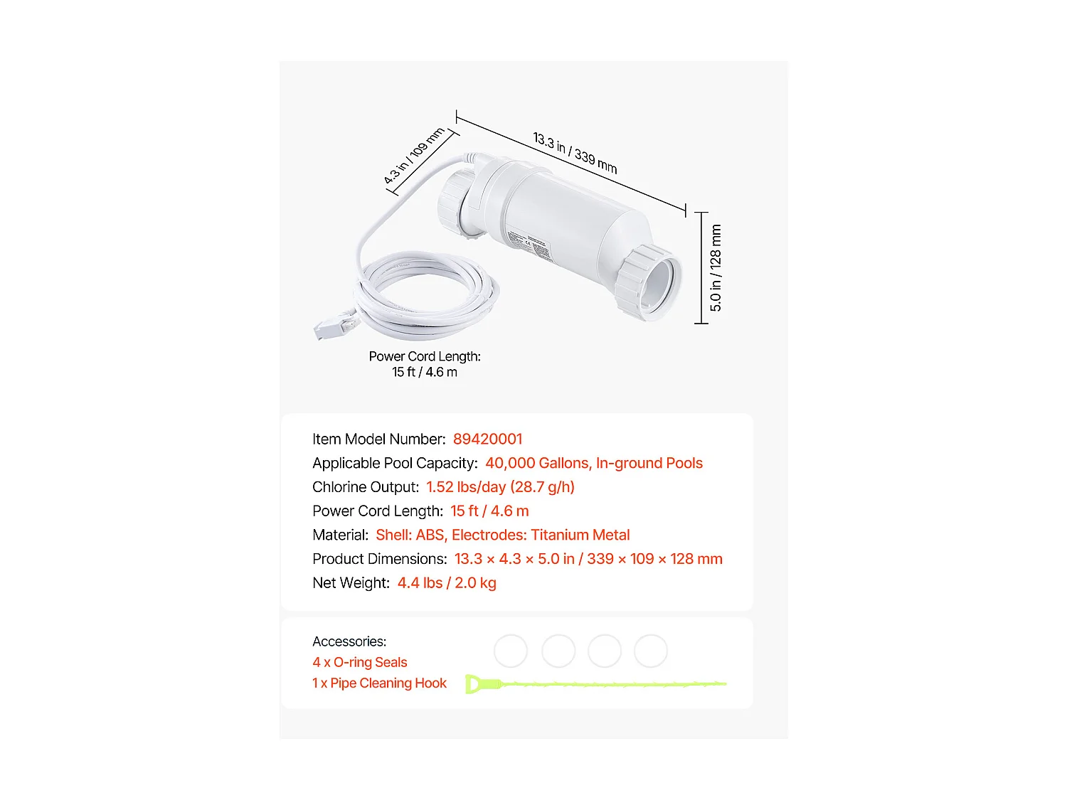 Sistema de Cloración SucceBuy de Agua Salada, para Piscinas Enterradas de 151,4 kL, Célula de Cloración de Piscina, Compatible con Hayward W3T-Cell-15 (T15)