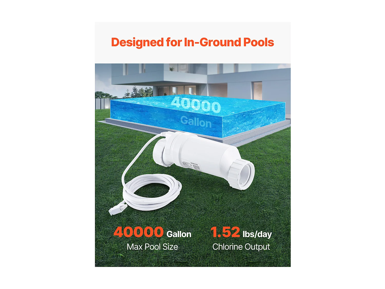 Sistema de Cloración SucceBuy de Agua Salada, para Piscinas Enterradas de 151,4 kL, Célula de Cloración de Piscina, Compatible con Hayward W3T-Cell-15 (T15)