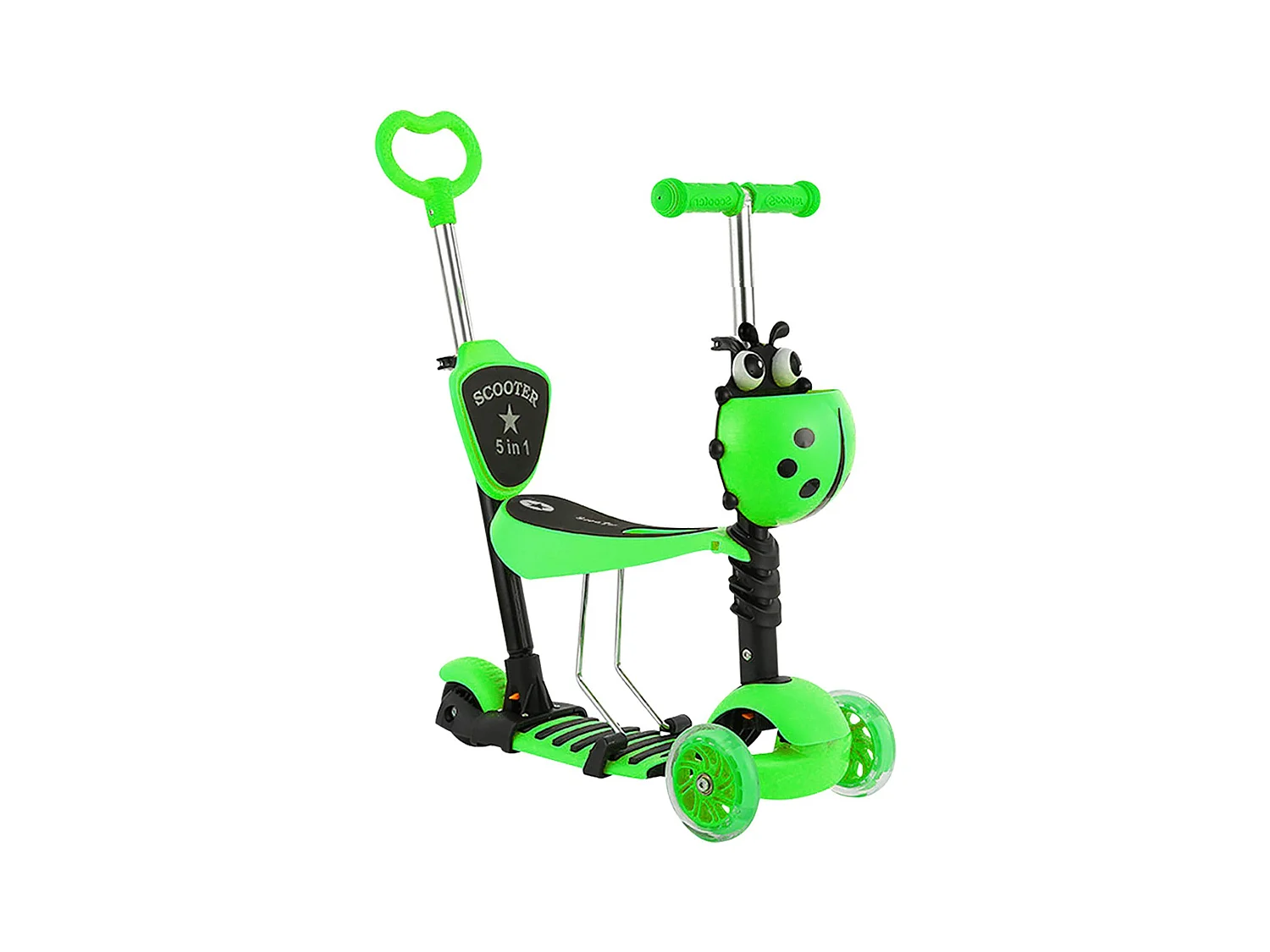 Trotinette Enfant 5-en-1 avec Panier Cartoon Amovible, Siège, Barre de Poussée, Roues LED, Dossier Confortable, Hauteur Réglable dès 2 Ans, verte