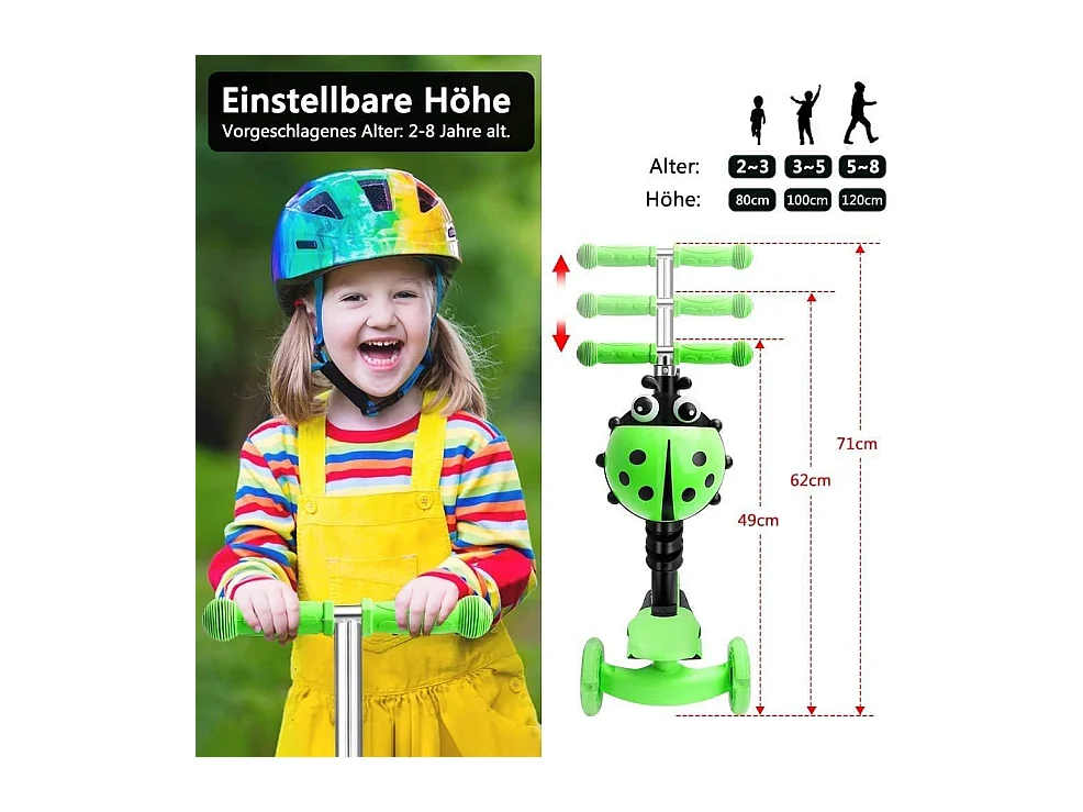 Trotinette Enfant 5-en-1 avec Panier Cartoon Amovible, Siège, Barre de Poussée, Roues LED, Dossier Confortable, Hauteur Réglable dès 2 Ans, verte