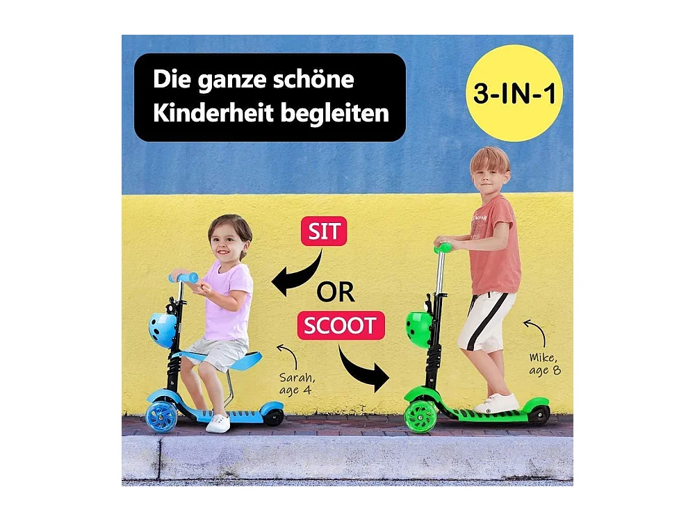 Trotinette Enfant 5-en-1 avec Panier Cartoon Amovible, Siège, Barre de Poussée, Roues LED, Dossier Confortable, Hauteur Réglable dès 2 Ans, verte