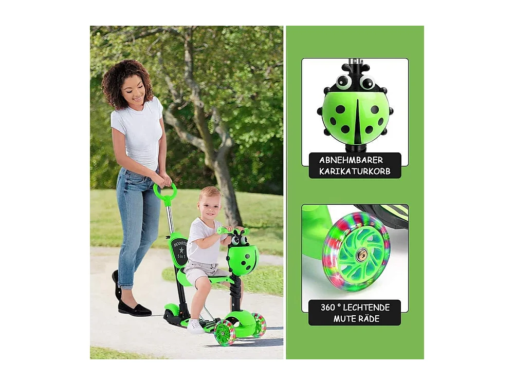 Trotinette Enfant 5-en-1 avec Panier Cartoon Amovible, Siège, Barre de Poussée, Roues LED, Dossier Confortable, Hauteur Réglable dès 2 Ans, verte