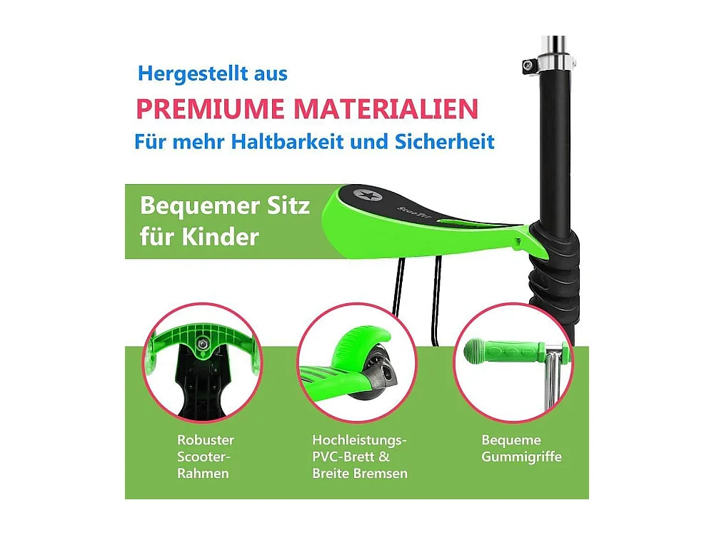 Trotinette Enfant 5-en-1 avec Panier Cartoon Amovible, Siège, Barre de Poussée, Roues LED, Dossier Confortable, Hauteur Réglable dès 2 Ans, verte