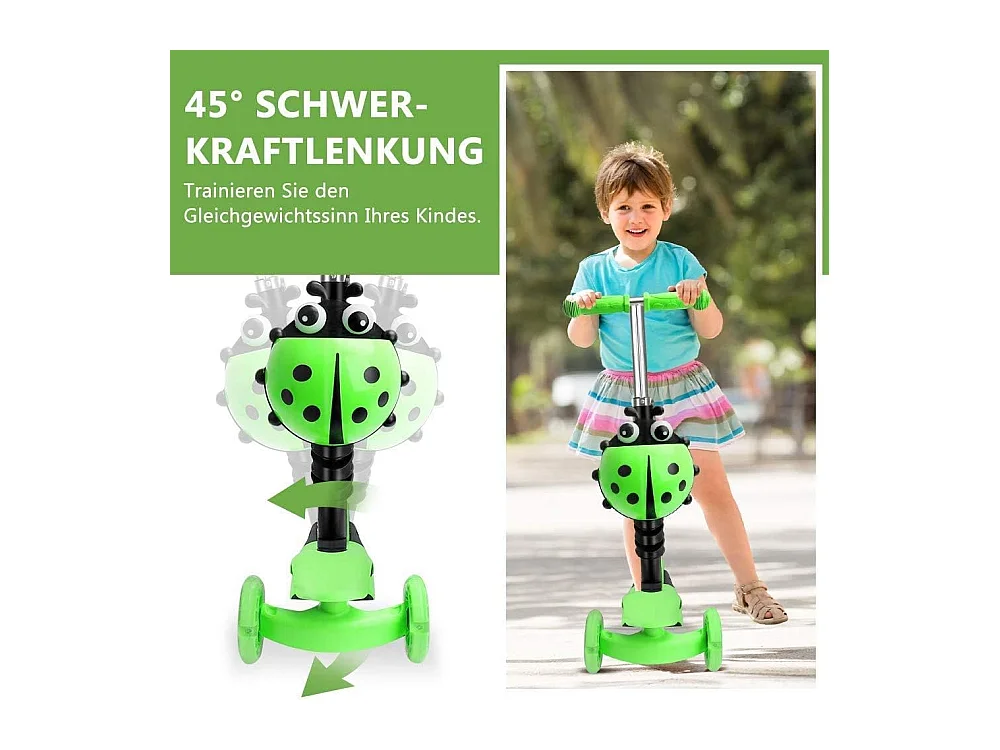 Trotinette Enfant 5-en-1 avec Panier Cartoon Amovible, Siège, Barre de Poussée, Roues LED, Dossier Confortable, Hauteur Réglable dès 2 Ans, verte