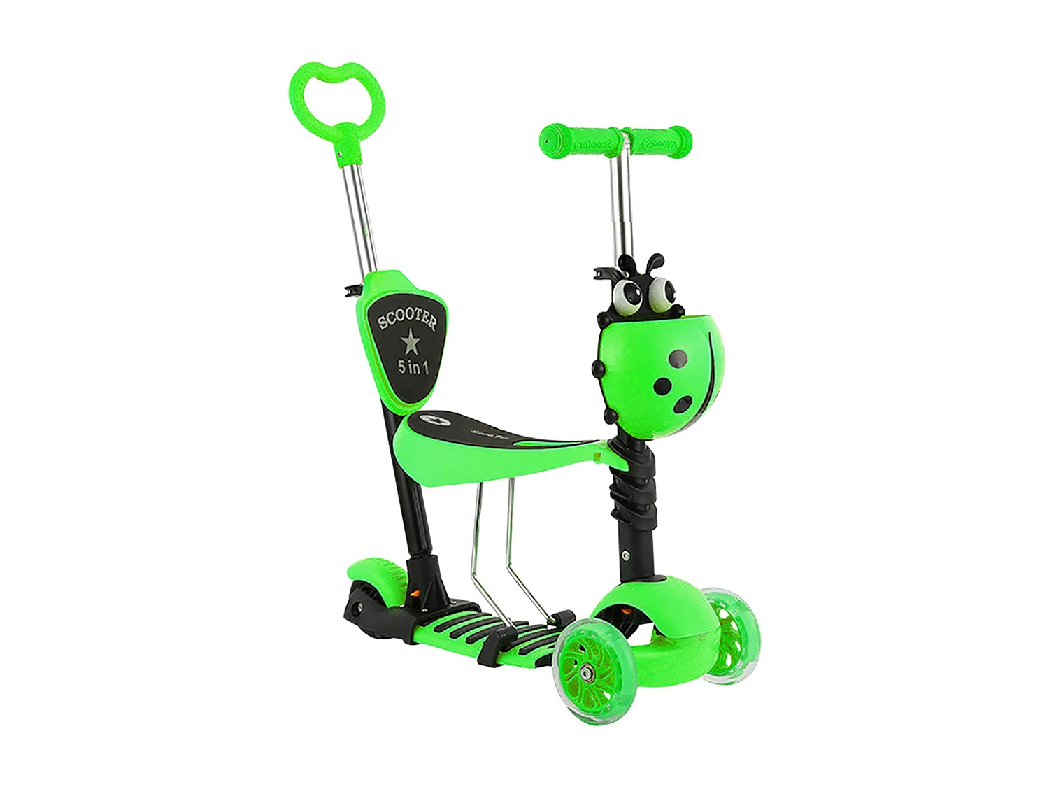 Trotinette Enfant 5-en-1 avec Panier Cartoon Amovible, Siège, Barre de Poussée, Roues LED, Dossier Confortable, Hauteur Réglable dès 2 Ans, verte