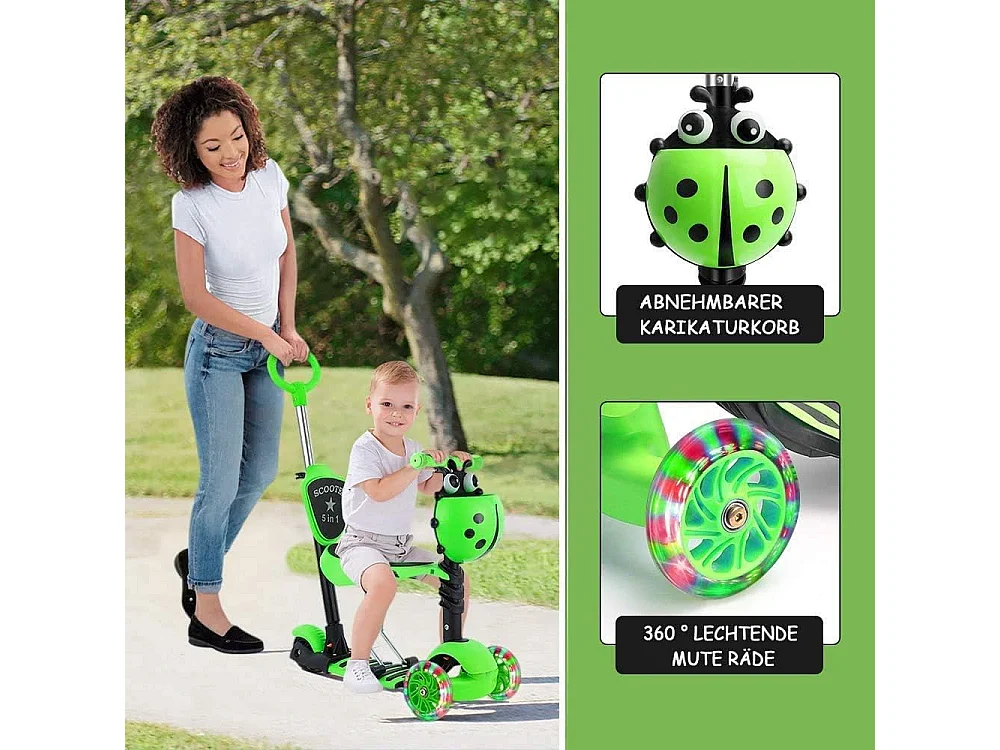 Trotinette Enfant 5-en-1 avec Panier Cartoon Amovible, Siège, Barre de Poussée, Roues LED, Dossier Confortable, Hauteur Réglable dès 2 Ans, verte